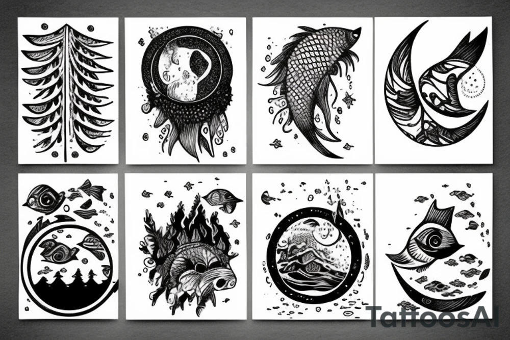 Fish, water, trees, moon, bear tattoo idea