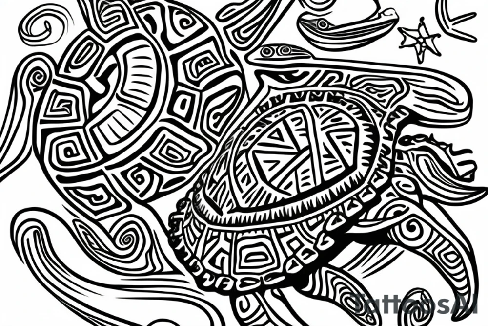 Seastar with turtle in a Taino style tattoo idea