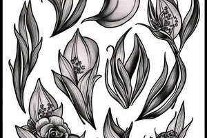 Moon and lily of the valley with latin saying "when the dusk falls" tattoo idea