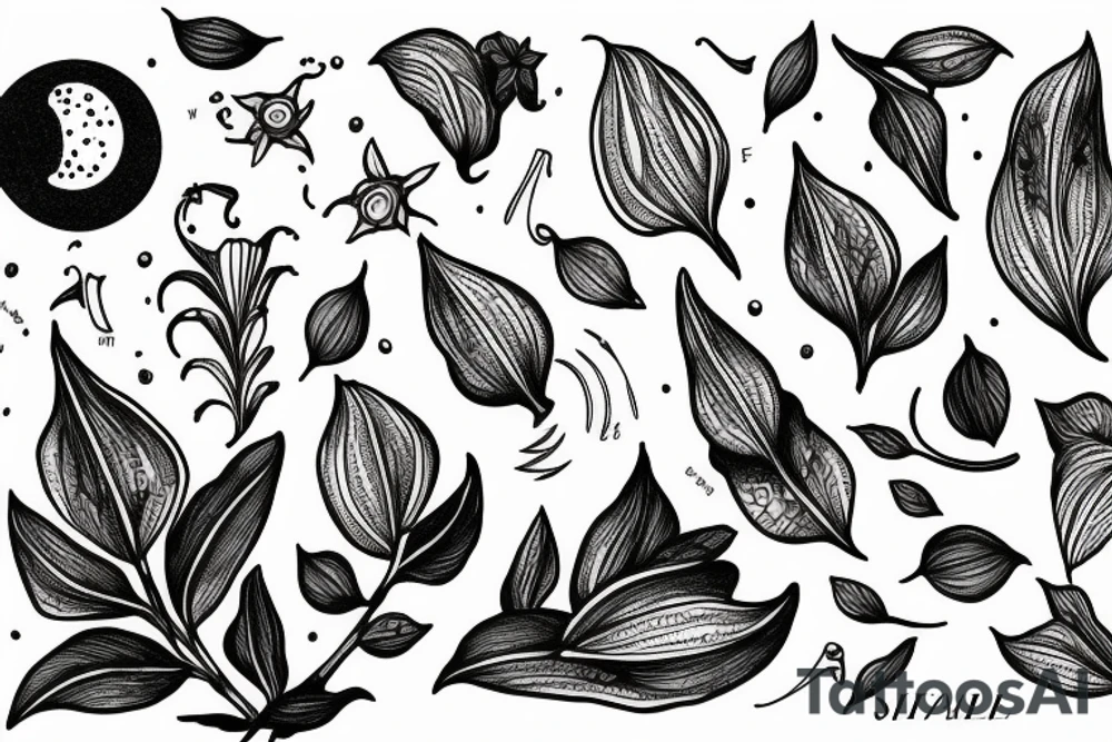 Moon and lily of the valley with latin saying "when the dusk falls" tattoo idea