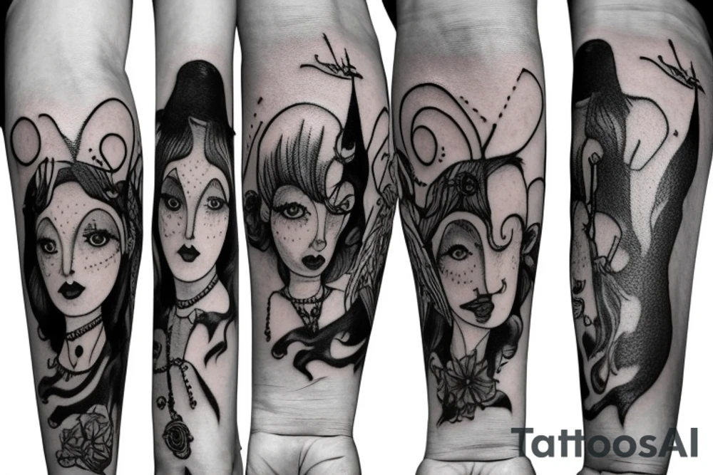 Tim Burton character themed arm sleeve tattoo idea