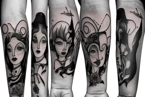 Tim Burton character themed arm sleeve tattoo idea