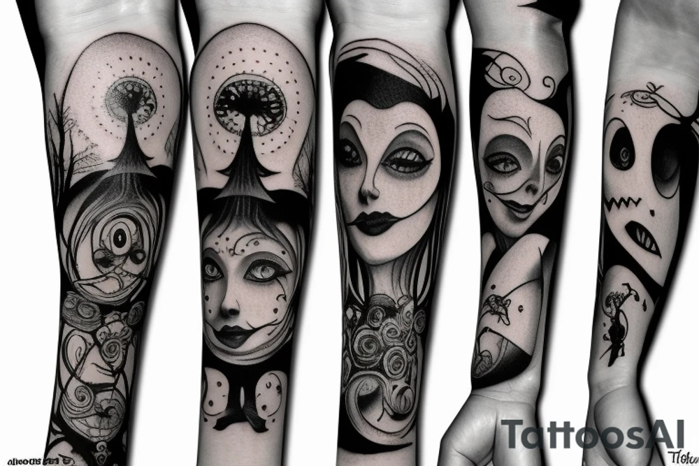 Tim Burton character themed arm sleeve tattoo idea
