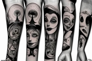 Tim Burton character themed arm sleeve tattoo idea