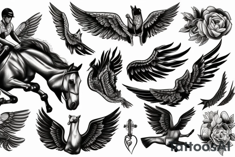 Horse and rider jumping with wings tattoo idea