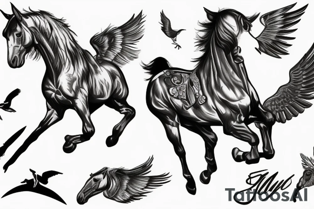 Horse and rider jumping with wings tattoo idea
