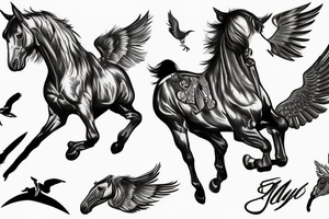Horse and rider jumping with wings tattoo idea