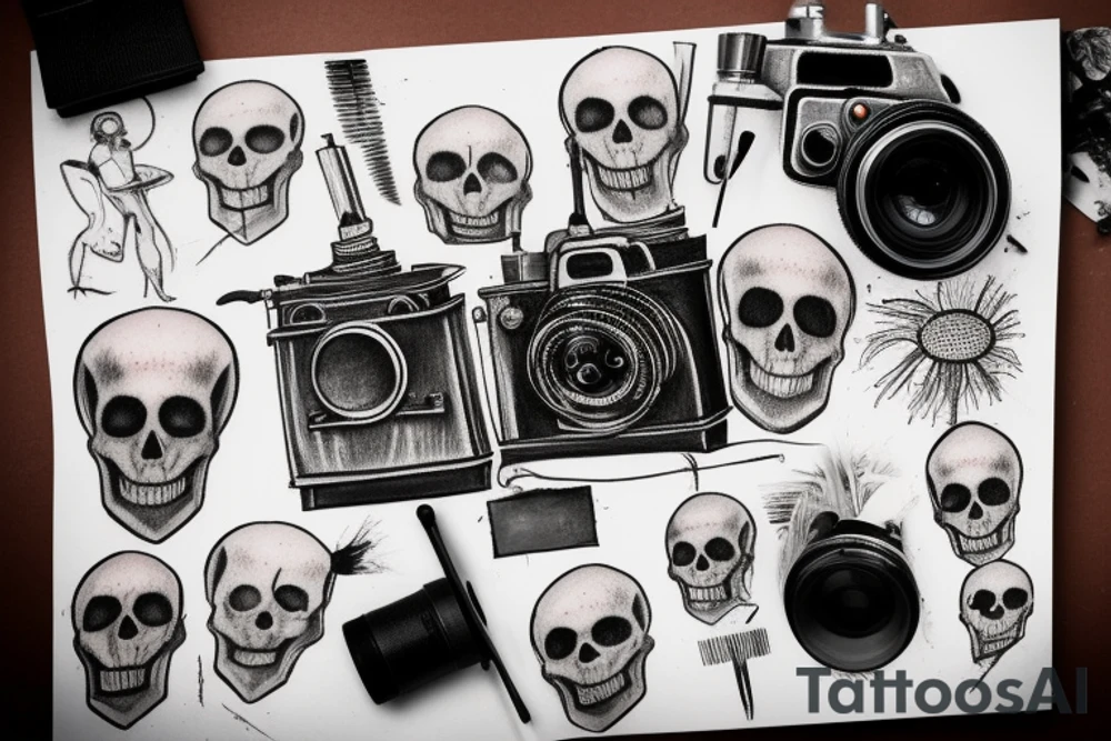 Vintage film camera with paint brushes and sketch pencils and charcoal near it and a skull next to it tattoo idea