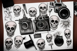 Vintage film camera with paint brushes and sketch pencils and charcoal near it and a skull next to it tattoo idea