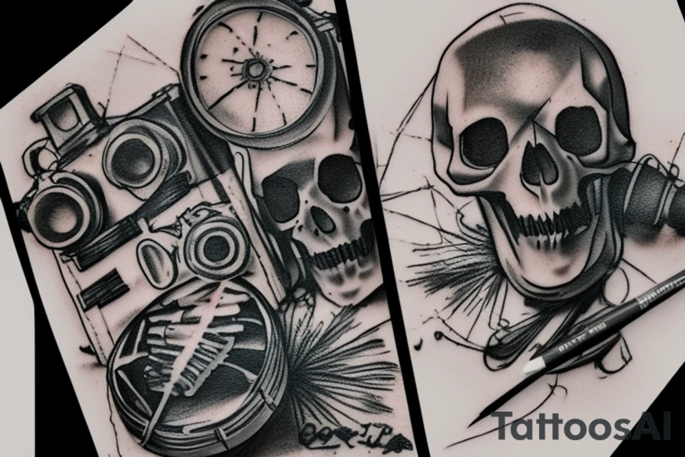Vintage film camera with paint brushes and sketch pencils and charcoal near it and a skull next to it tattoo idea