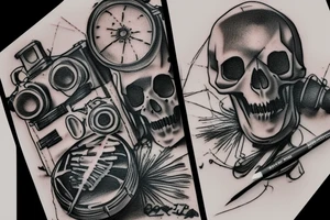 Vintage film camera with paint brushes and sketch pencils and charcoal near it and a skull next to it tattoo idea