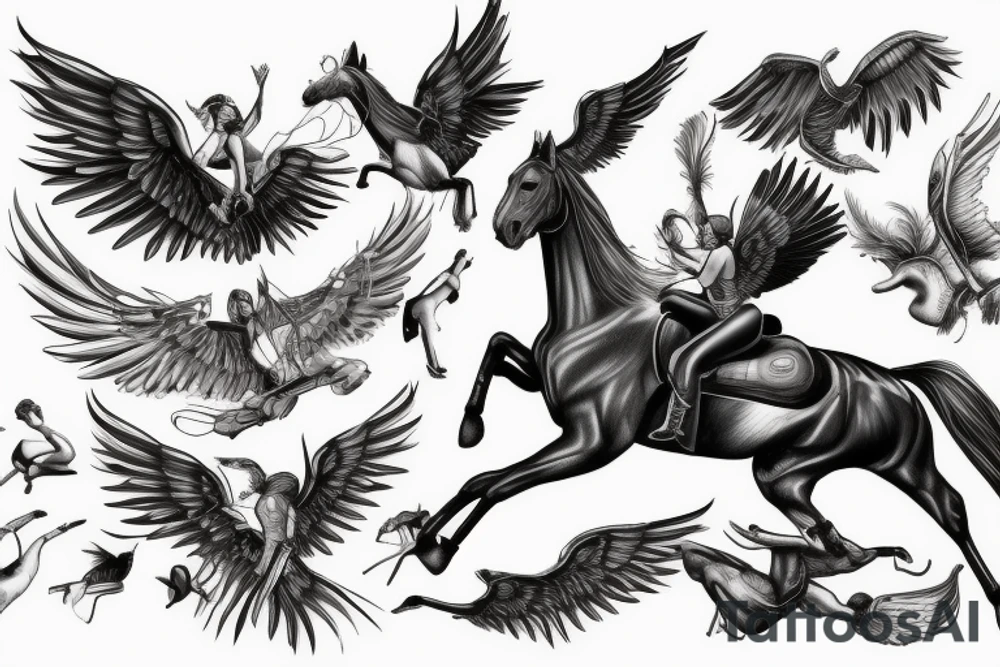 Horse and rider jumping with wings tattoo idea