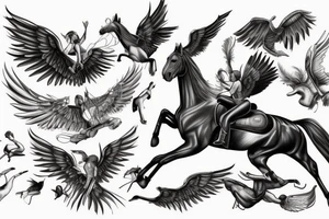 Horse and rider jumping with wings tattoo idea