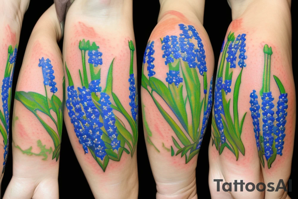 Cross with the initials J.D.D in a field of bluebonnets and roses tattoo idea