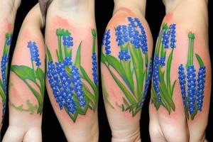 Cross with the initials J.D.D in a field of bluebonnets and roses tattoo idea