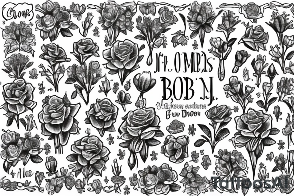 Cross with the initials J.D.D in a field of bluebonnets and roses tattoo idea