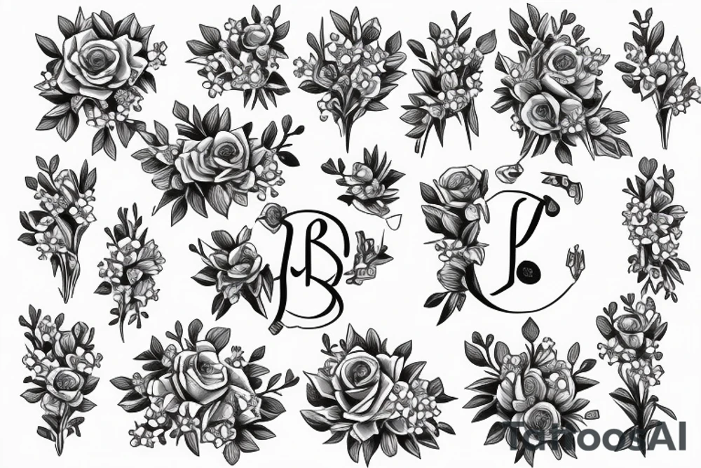 Cross with the initials J.D.D in a field of bluebonnets and roses tattoo idea