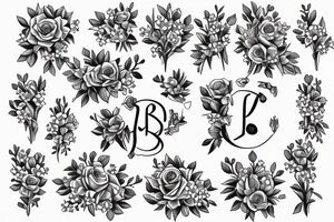 Cross with the initials J.D.D in a field of bluebonnets and roses tattoo idea
