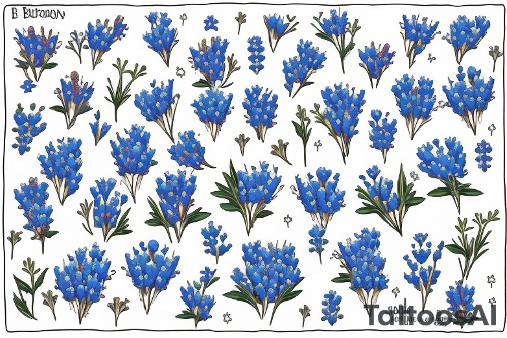 Cross in a field of bluebonnets and roses tattoo idea