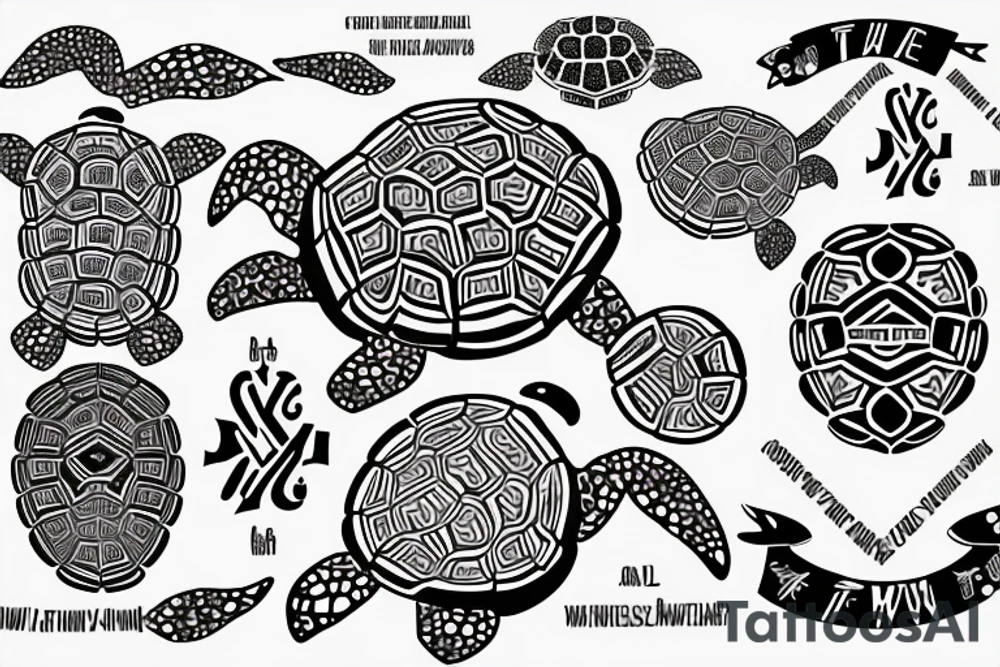 A turtle fractal with the phrase "ⁿgyáʔwiš hatiʔyę́runǫʔ" around it tattoo idea