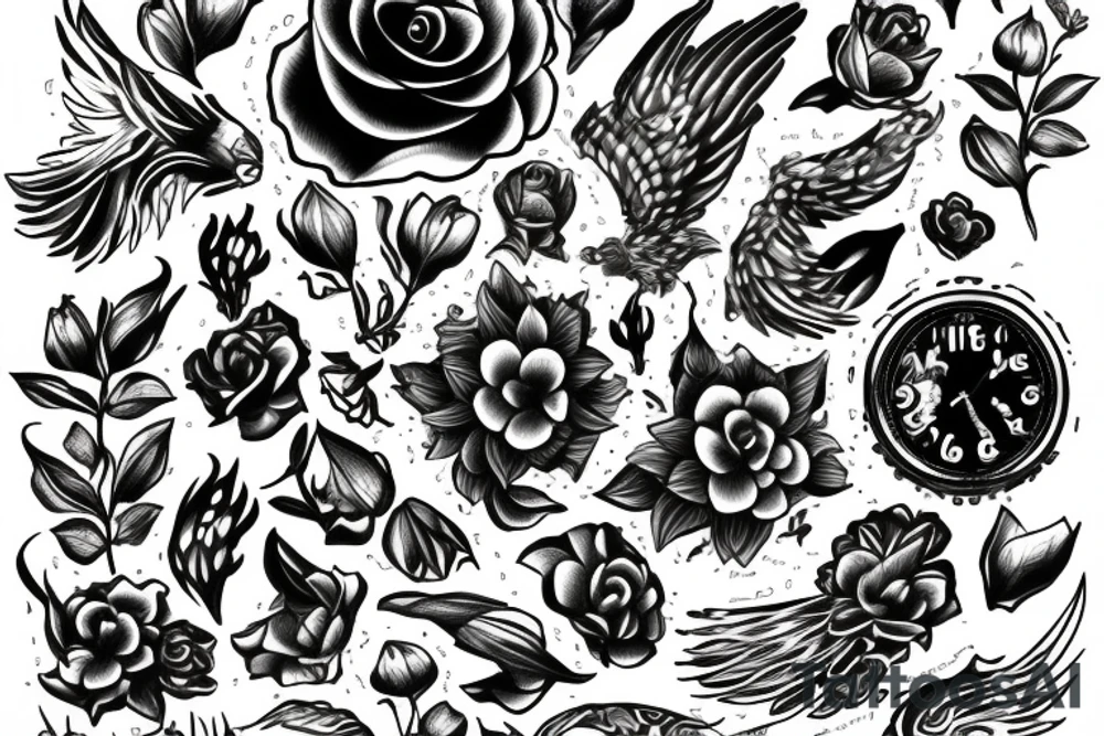 flower, time, pheonix tattoo idea
