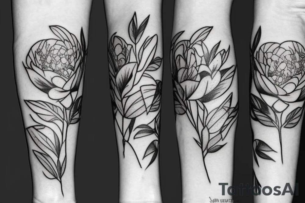 small line of peonies with leaves tattoo idea