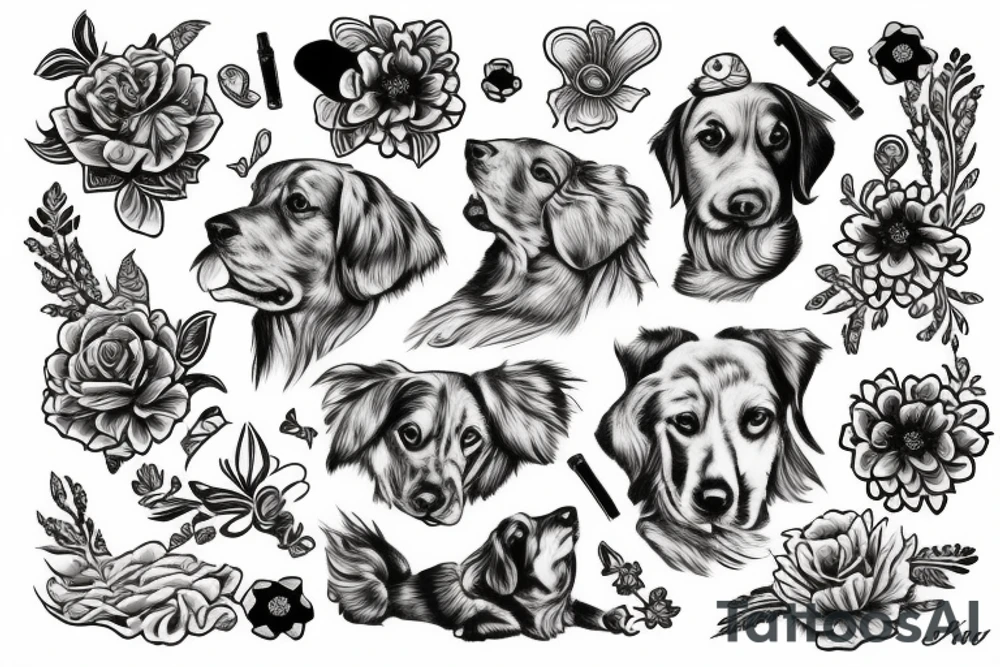 golden retriever with flowers tattoo idea