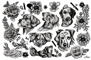 golden retriever with flowers tattoo idea
