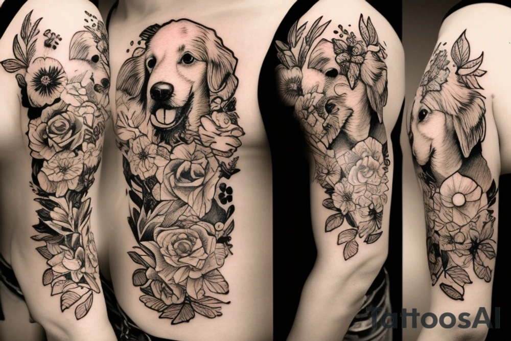 golden retriever with flowers tattoo idea