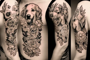 golden retriever with flowers tattoo idea