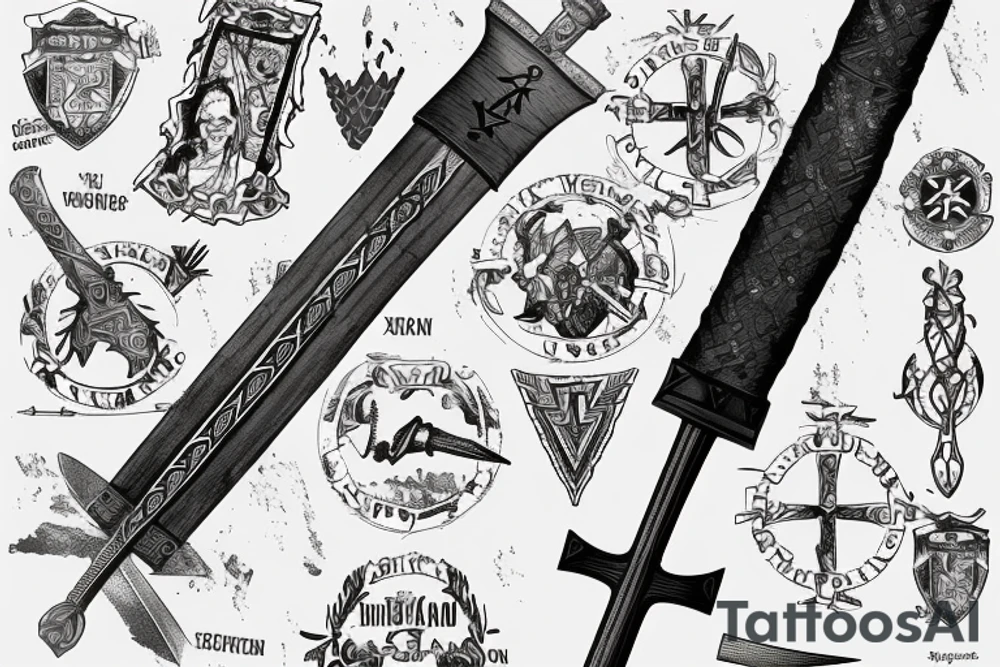 Black gray and white Viking sword with “XXXI” and “XII” inscribed into the sword, in the background is a map of Europe with cork, Ireland and fehmarn, Germany labeled tattoo idea