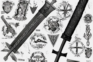 Black gray and white Viking sword with “XXXI” and “XII” inscribed into the sword, in the background is a map of Europe with cork, Ireland and fehmarn, Germany labeled tattoo idea