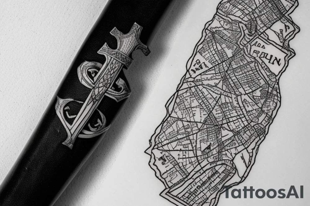 Viking sword with “XXXI” and “XII” inscribed into the sword, in the background is a map of Europe with cork, Ireland and fehmarn, Germany labeled tattoo idea