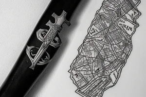 Viking sword with “XXXI” and “XII” inscribed into the sword, in the background is a map of Europe with cork, Ireland and fehmarn, Germany labeled tattoo idea