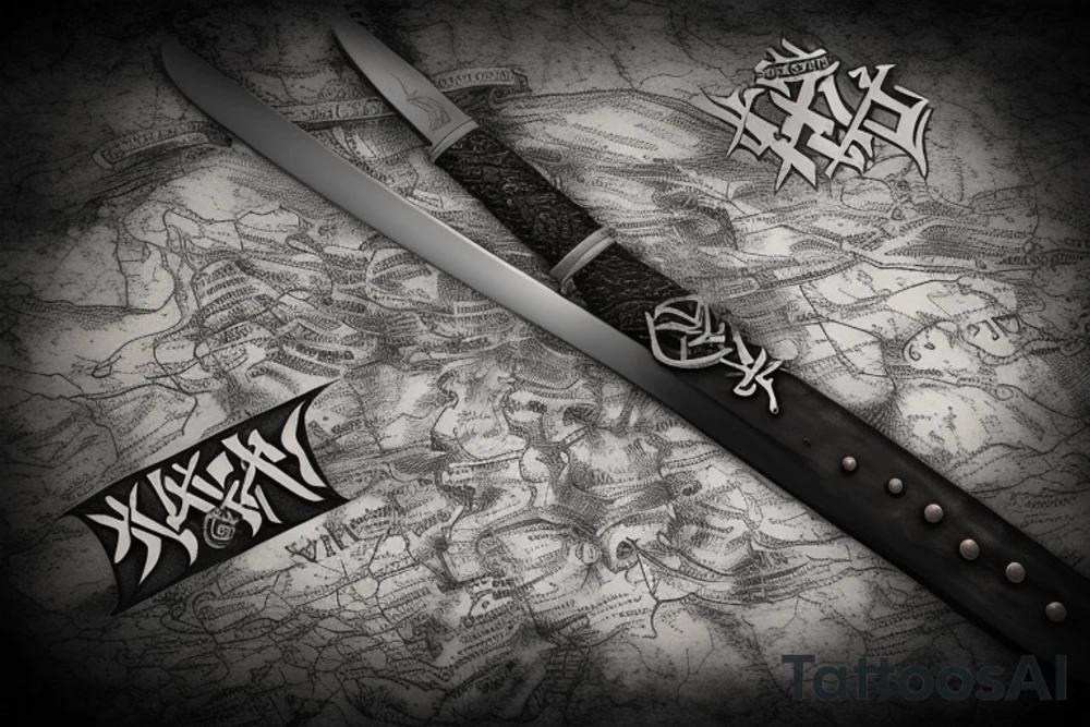 Viking sword with “XXXI” and “XII” inscribed into the sword, in the background is a map of Europe tattoo idea