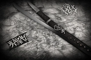 Viking sword with “XXXI” and “XII” inscribed into the sword, in the background is a map of Europe tattoo idea