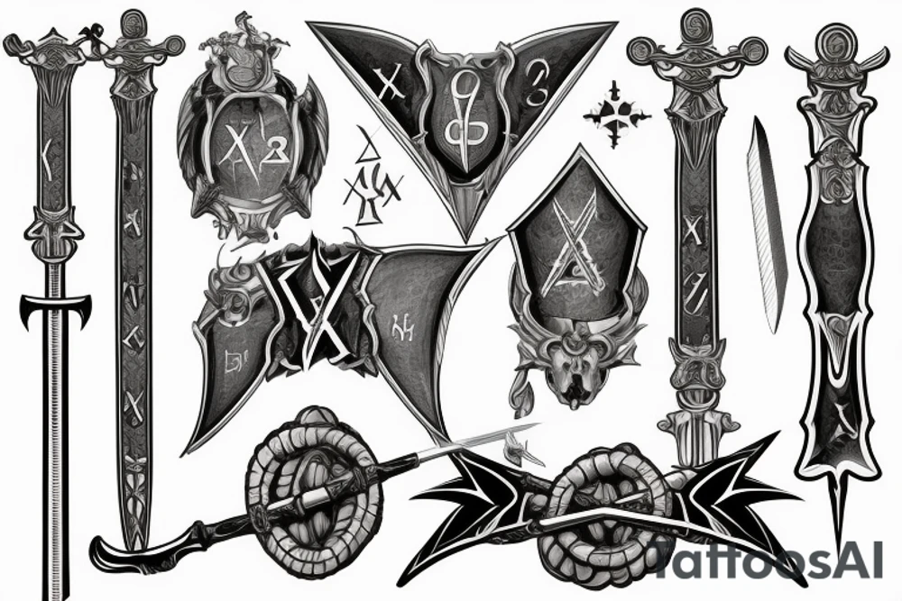 sword with “XXXI” and “XII” inscribed into the sword, in the background is a map of Europe tattoo idea