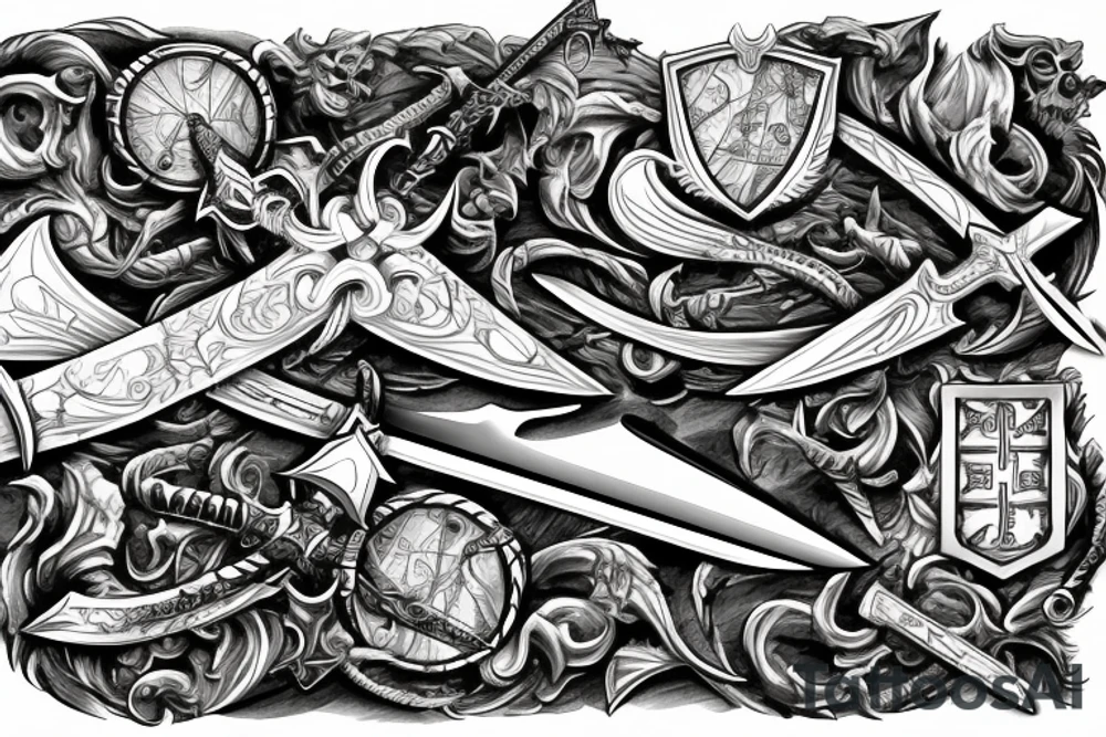 sword with “XXXI” and “XII” inscribed into the sword, in the background is a map of Europe tattoo idea