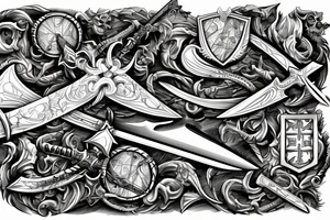 sword with “XXXI” and “XII” inscribed into the sword, in the background is a map of Europe tattoo idea