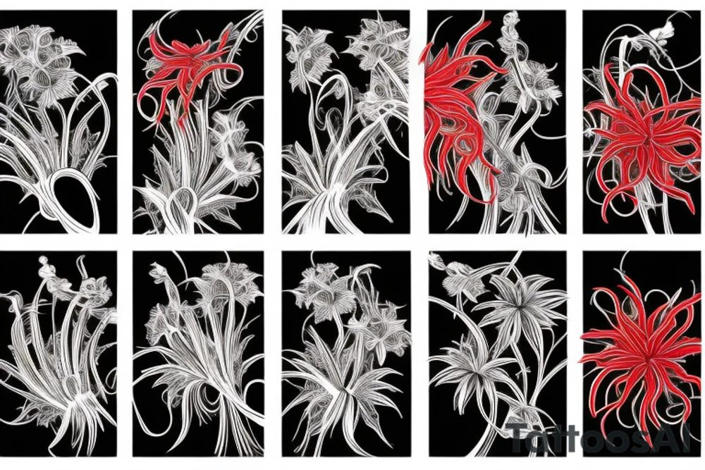 fully red spider lilies with flow, and black ribbons that unfold and fall around them. tattoo idea