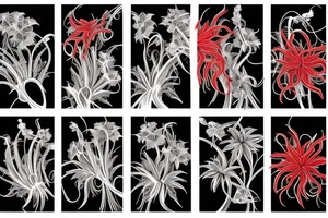 fully red spider lilies with flow, and black ribbons that unfold and fall around them. tattoo idea
