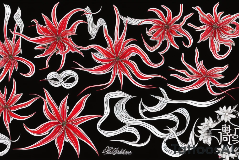 fully red spider lilies with flow, and black ribbons that unfold and fall around them. tattoo idea