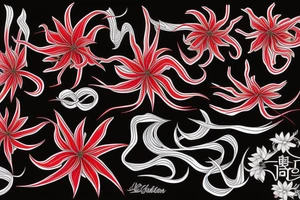 fully red spider lilies with flow, and black ribbons that unfold and fall around them. tattoo idea