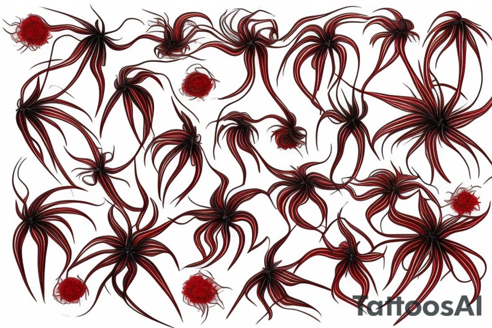 fully red spider lilies with flow, and black ribbons that unfold and fall around them. tattoo idea