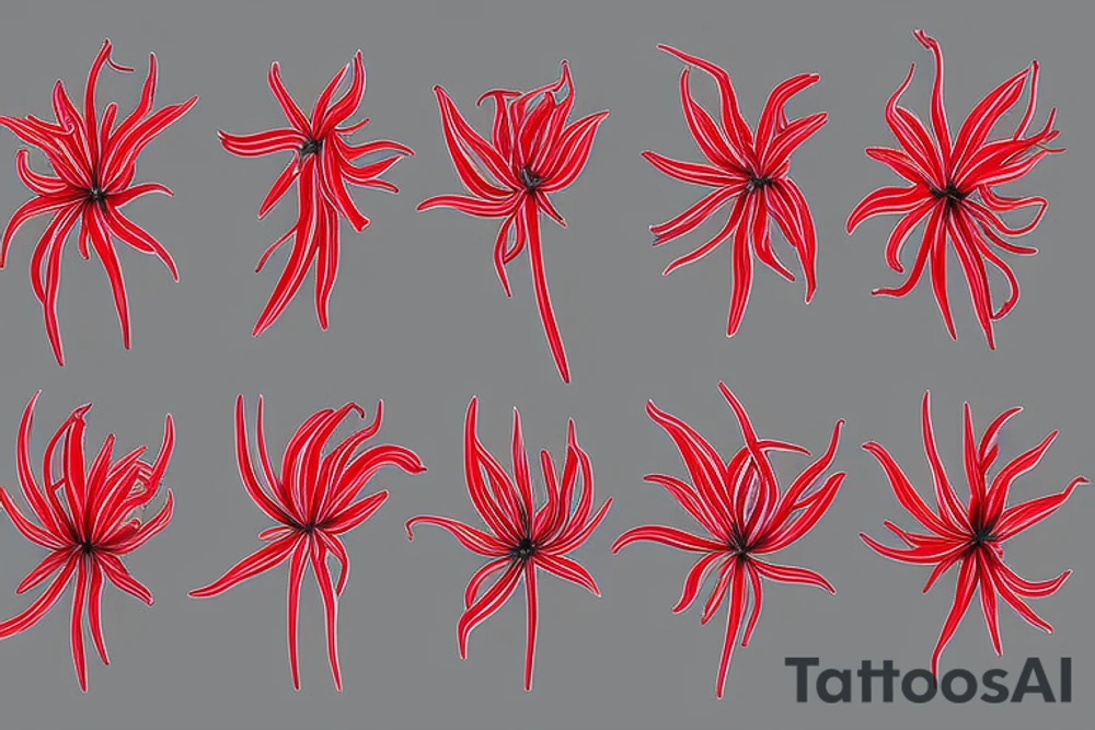 fully red spider lilies with flow, and black ribbons that unfold and fall around them. tattoo idea