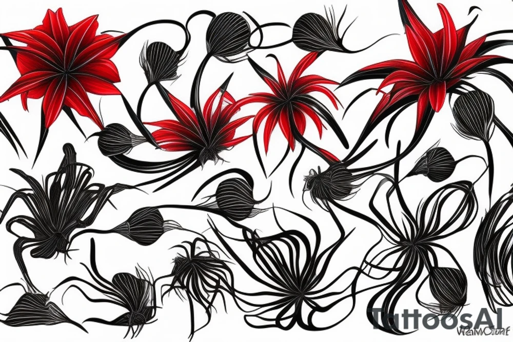fully red spider lilies with stems and black ribbons that unfold and fall around them. tattoo idea
