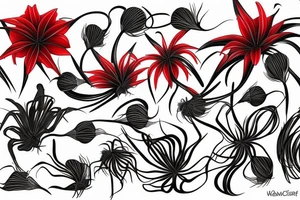 fully red spider lilies with stems and black ribbons that unfold and fall around them. tattoo idea