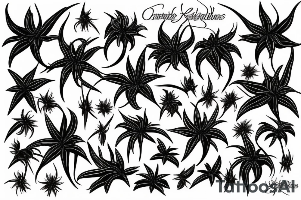 fully red spider lilies with stems and black ribbons that unfold and fall around them. tattoo idea
