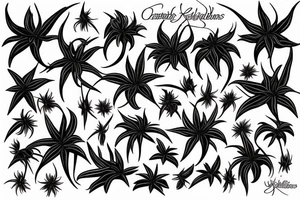 fully red spider lilies with stems and black ribbons that unfold and fall around them. tattoo idea