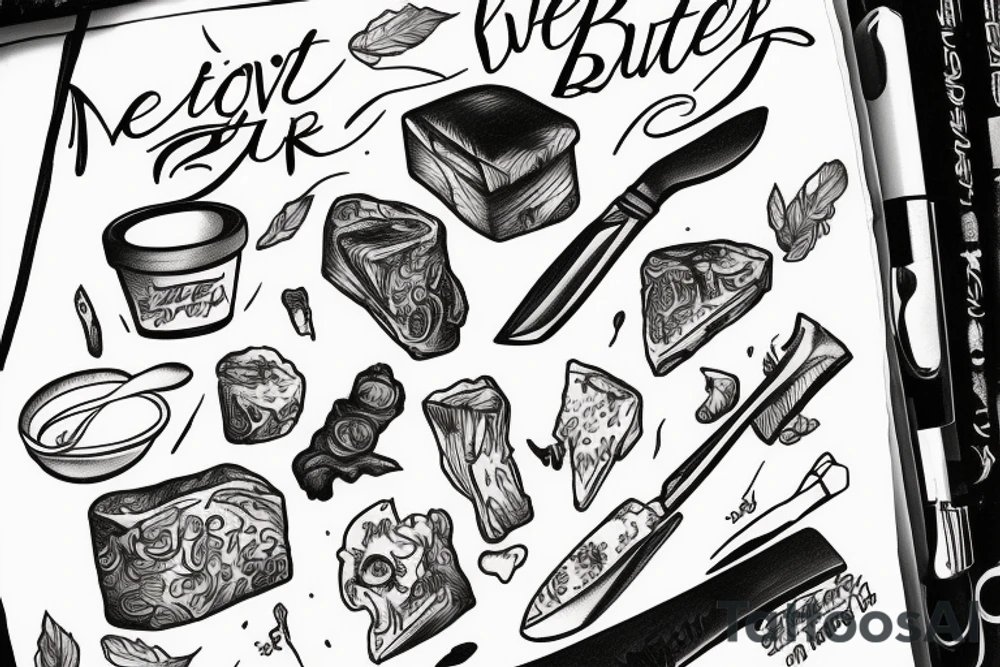 Stick of butter that says never enough with a knife going through the butter sick tattoo idea
